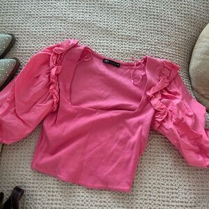Zara Pink Ruffled Women's Top puff sleeve